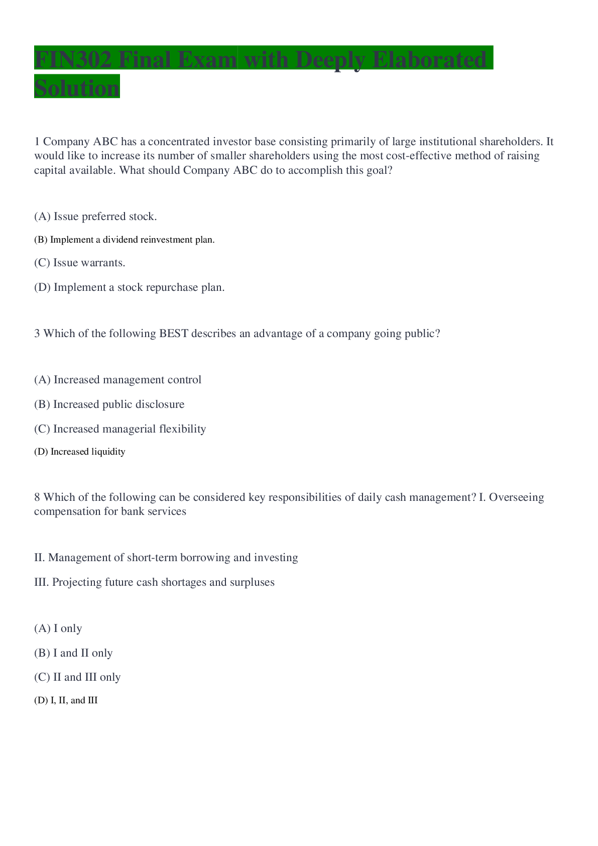 Preview image of FIN302 Final Exam with Deeply Elaborated Solution document